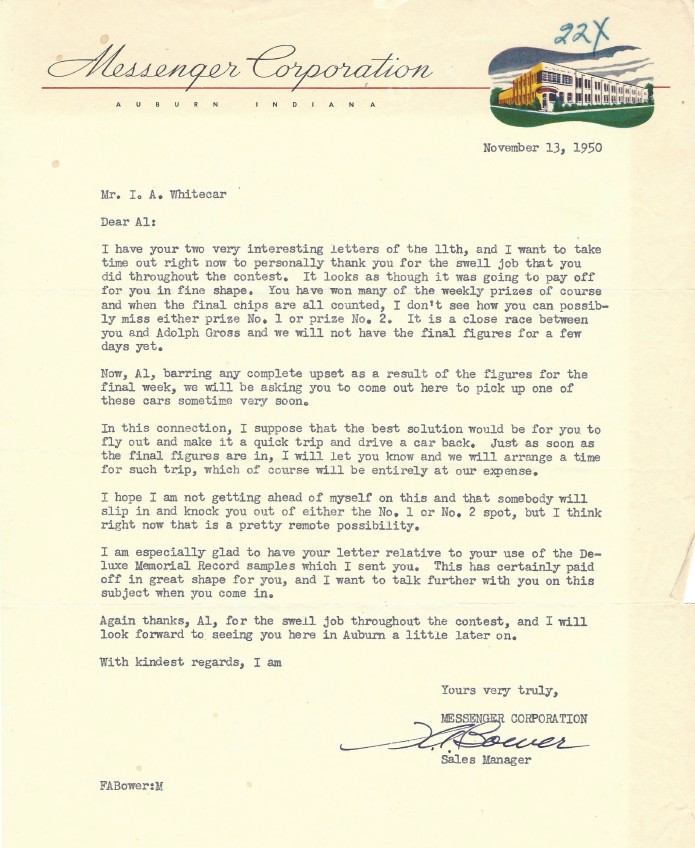 Messenger Corporation Letter to Al Whitecar November 13 1950